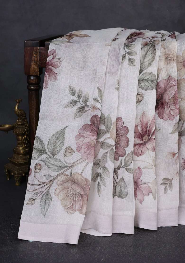 Pure Linen Silk Saree Off White With Allover Floral Digital Prints And Simple Border With Printed Design For Women - Indya