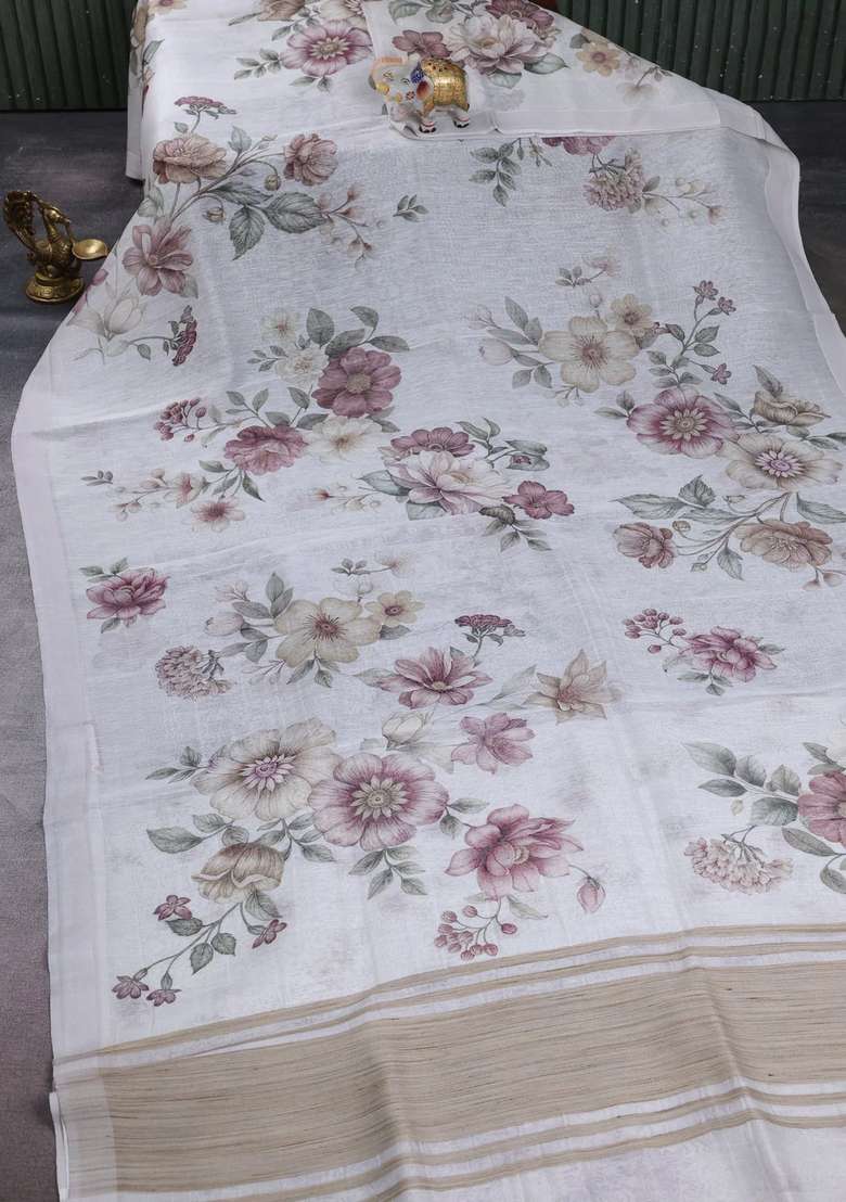 Pure Linen Silk Saree Off White With Allover Floral Digital Prints And Simple Border With Printed Design For Women - Indya