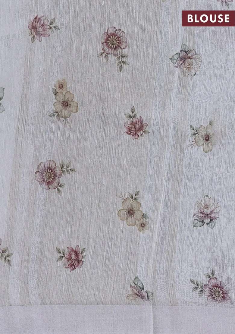 Pure Linen Silk Saree Off White With Allover Floral Digital Prints And Simple Border With Printed Design For Women - Indya