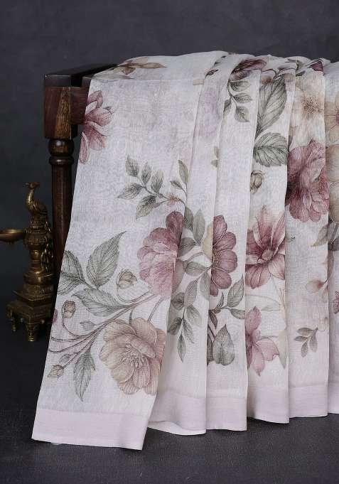 Pure Linen Silk Saree Off White With Allover Floral Digital Prints And Simple Border With Printed Design For Women