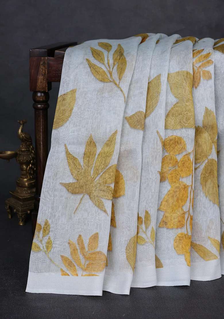 Pure Linen Silk Saree Pastel Bluish Grey With Allover Leaf Digital Prints And Simple Border With Printed Design For Women - Indya