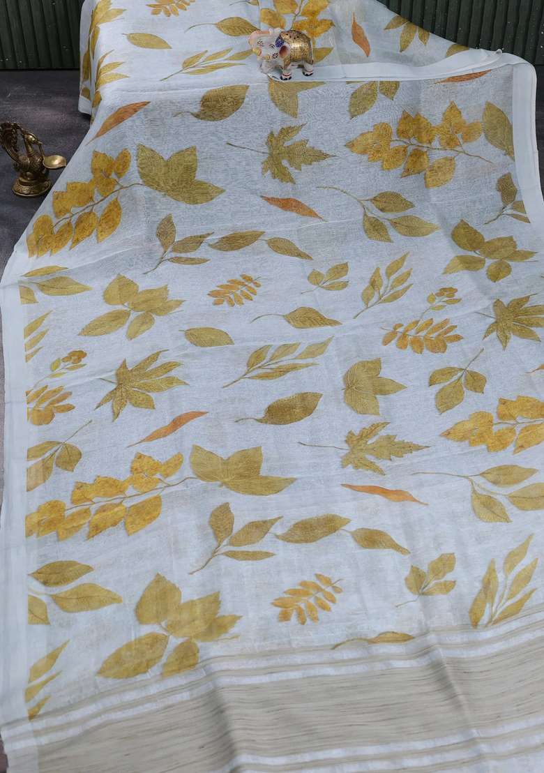 Pure Linen Silk Saree Pastel Bluish Grey With Allover Leaf Digital Prints And Simple Border With Printed Design For Women - Indya