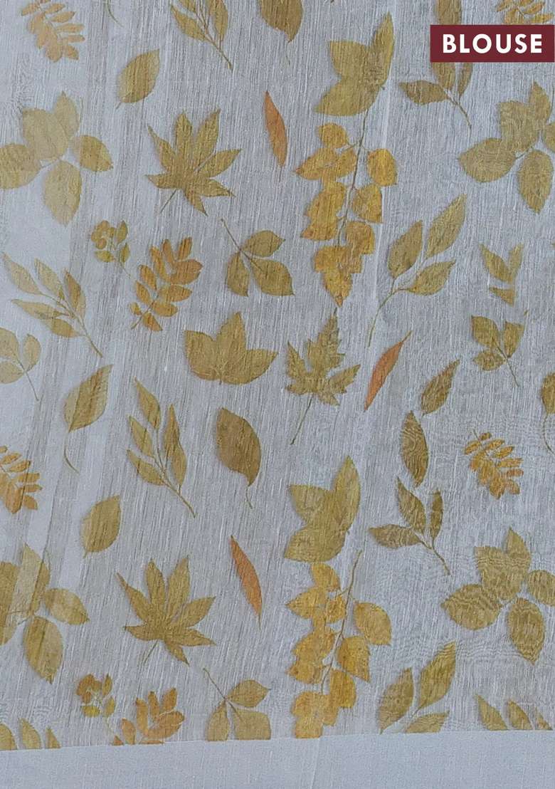 Pure Linen Silk Saree Pastel Bluish Grey With Allover Leaf Digital Prints And Simple Border With Printed Design For Women - Indya