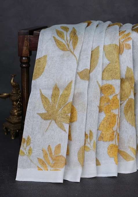 Pure Linen Silk Saree Pastel Bluish Grey With Allover Leaf Digital Prints And Simple Border With Printed Design For Women