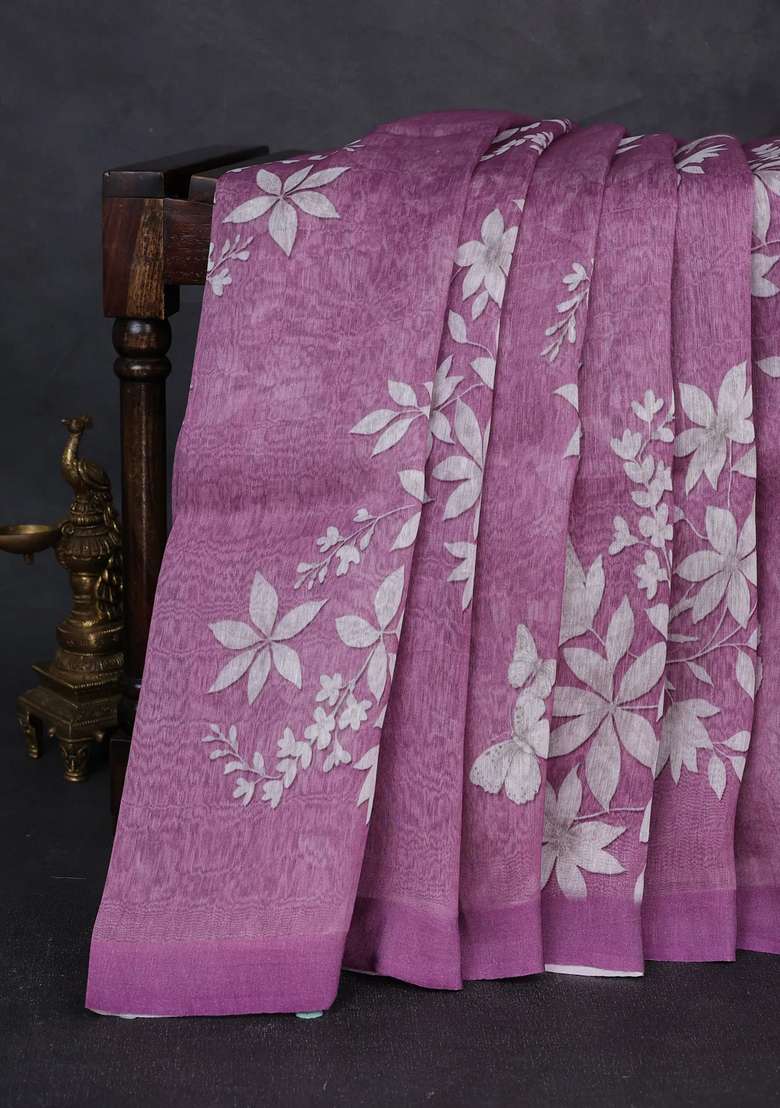 Pure Linen Silk Saree Mild Purple With Allover Digital Prints And Simple Border With Printed Design For Women - Indya