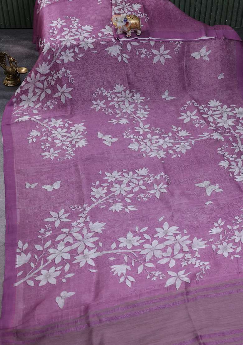 Pure Linen Silk Saree Mild Purple With Allover Digital Prints And Simple Border With Printed Design For Women - Indya