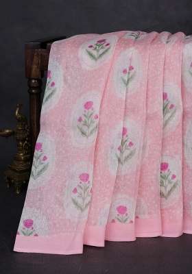 Pure Linen Silk Saree Light Pink With Allover Floral Digital Prints And Simple Border With Printed Design For Women