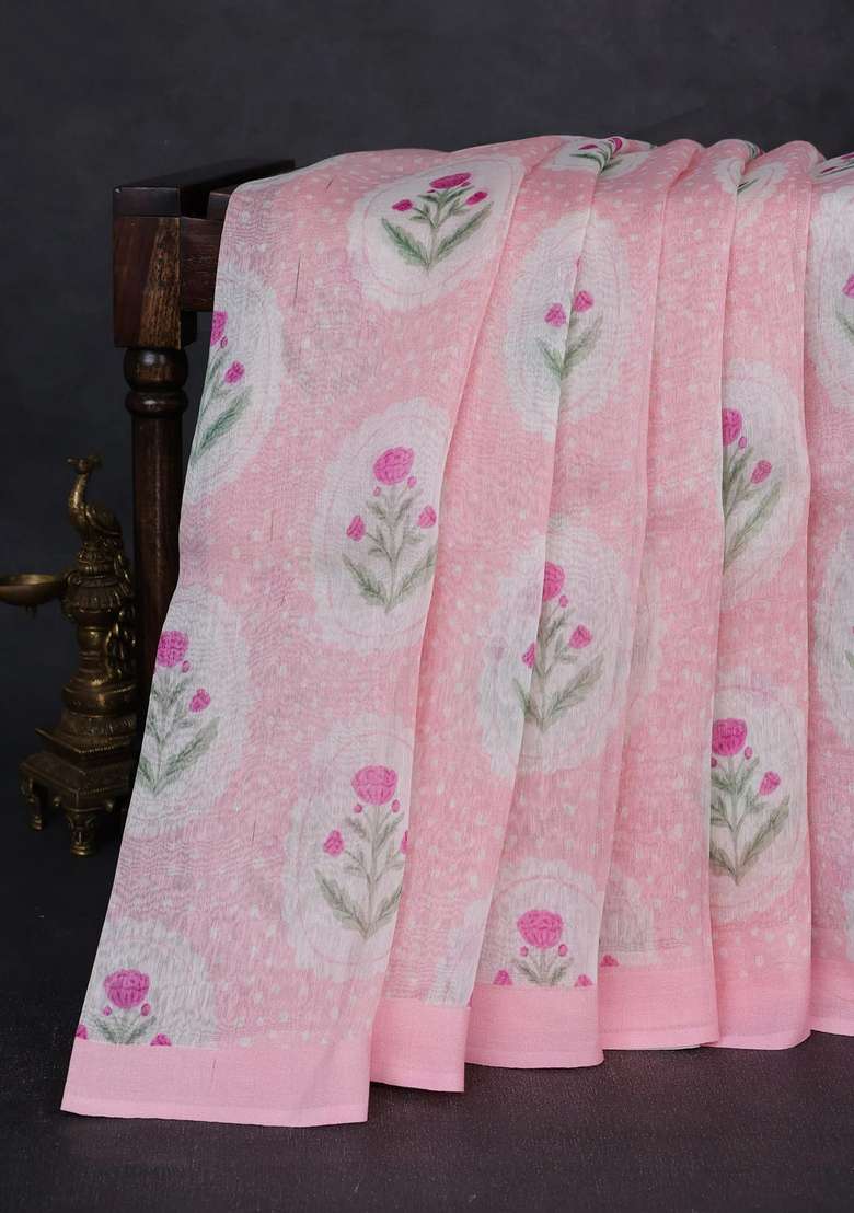 Pure Linen Silk Saree Light Pink With Allover Floral Digital Prints And Simple Border With Printed Design For Women - Indya