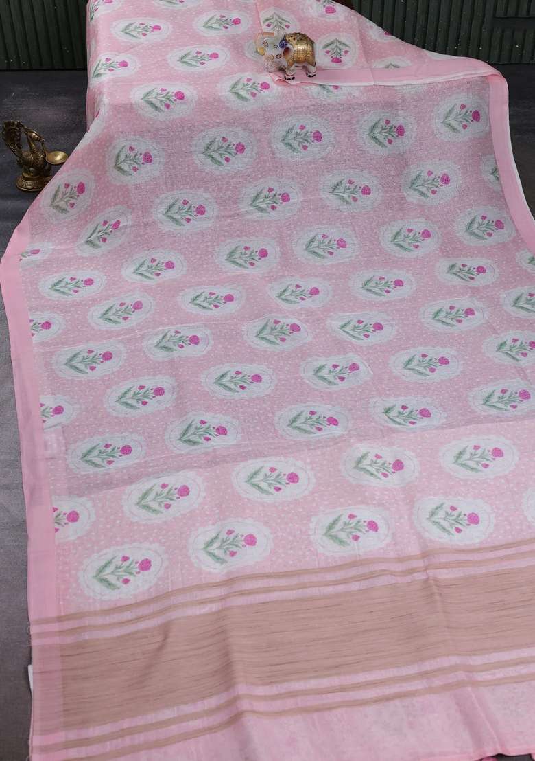 Pure Linen Silk Saree Light Pink With Allover Floral Digital Prints And Simple Border With Printed Design For Women - Indya