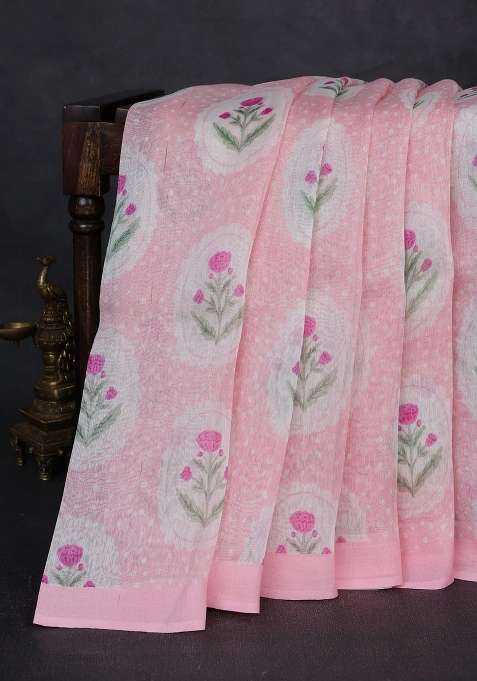 Pure Linen Silk Saree Light Pink With Allover Floral Digital Prints And Simple Border With Printed Design For Women