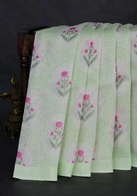 Pure Linen Silk Saree Pista Green With Allover Floral Digital Prints And Simple Border With Printed Design For Women