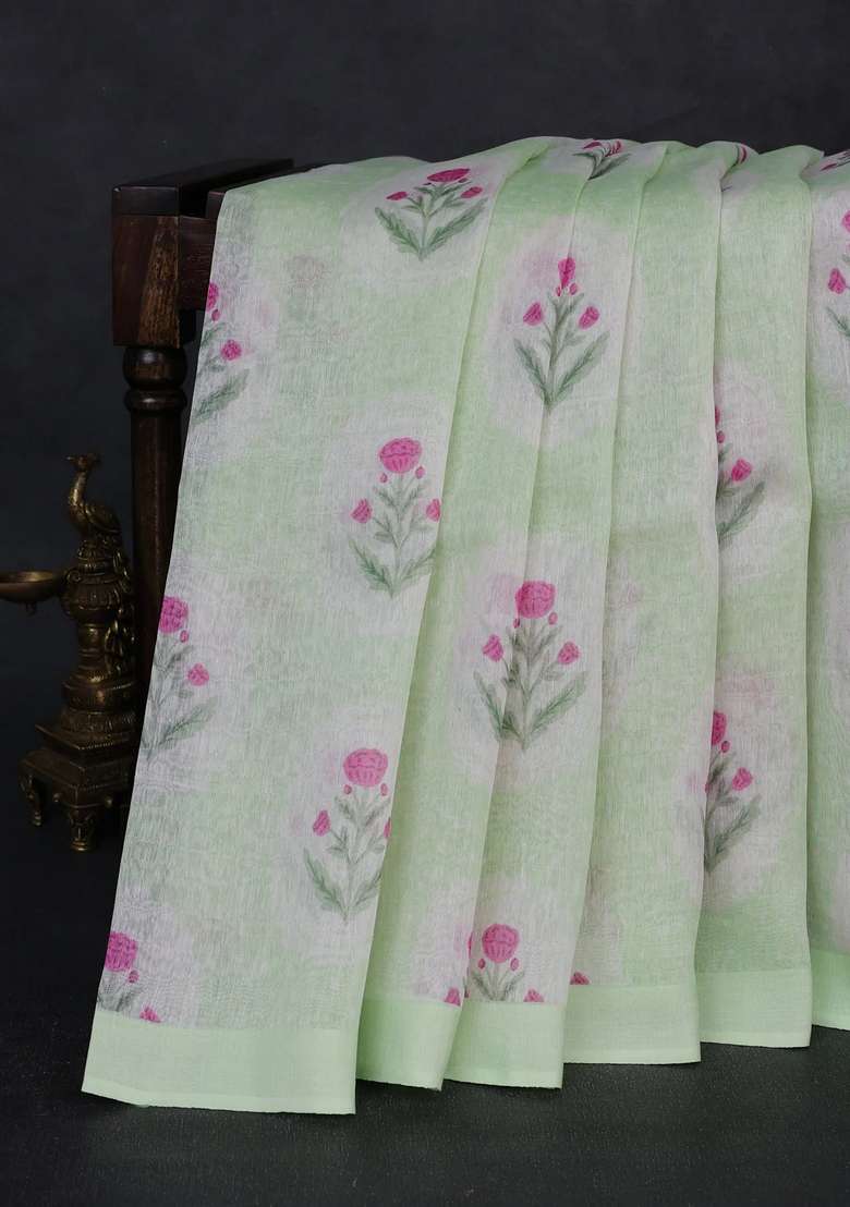 Pure Linen Silk Saree Pista Green With Allover Floral Digital Prints And Simple Border With Printed Design For Women - Indya