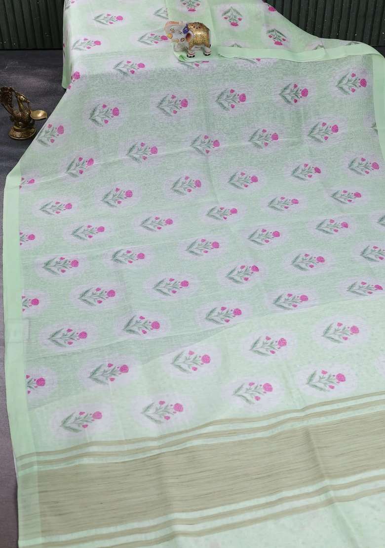 Pure Linen Silk Saree Pista Green With Allover Floral Digital Prints And Simple Border With Printed Design For Women - Indya