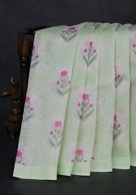 Pure Linen Silk Saree Pista Green With Allover Floral Digital Prints And Simple Border With Printed Design For Women