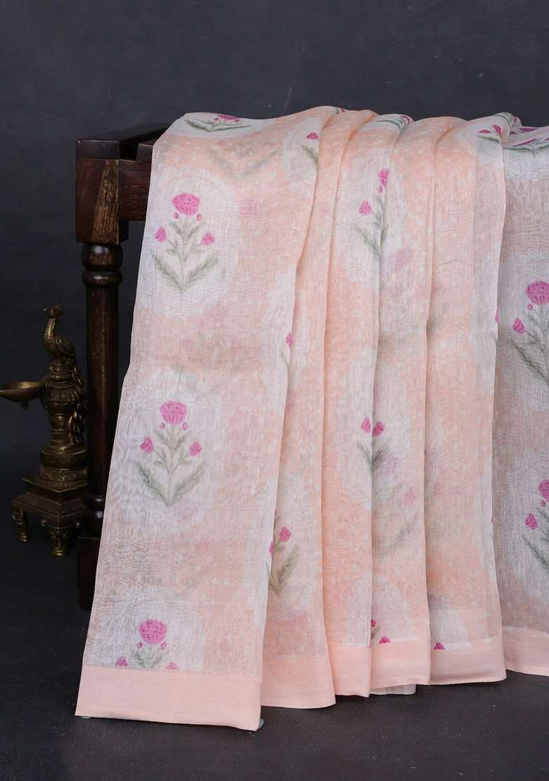 Pure Linen Silk Saree Pale Orange With Allover Floral Digital Prints And Simple Border With Printed Design For Women - Indya