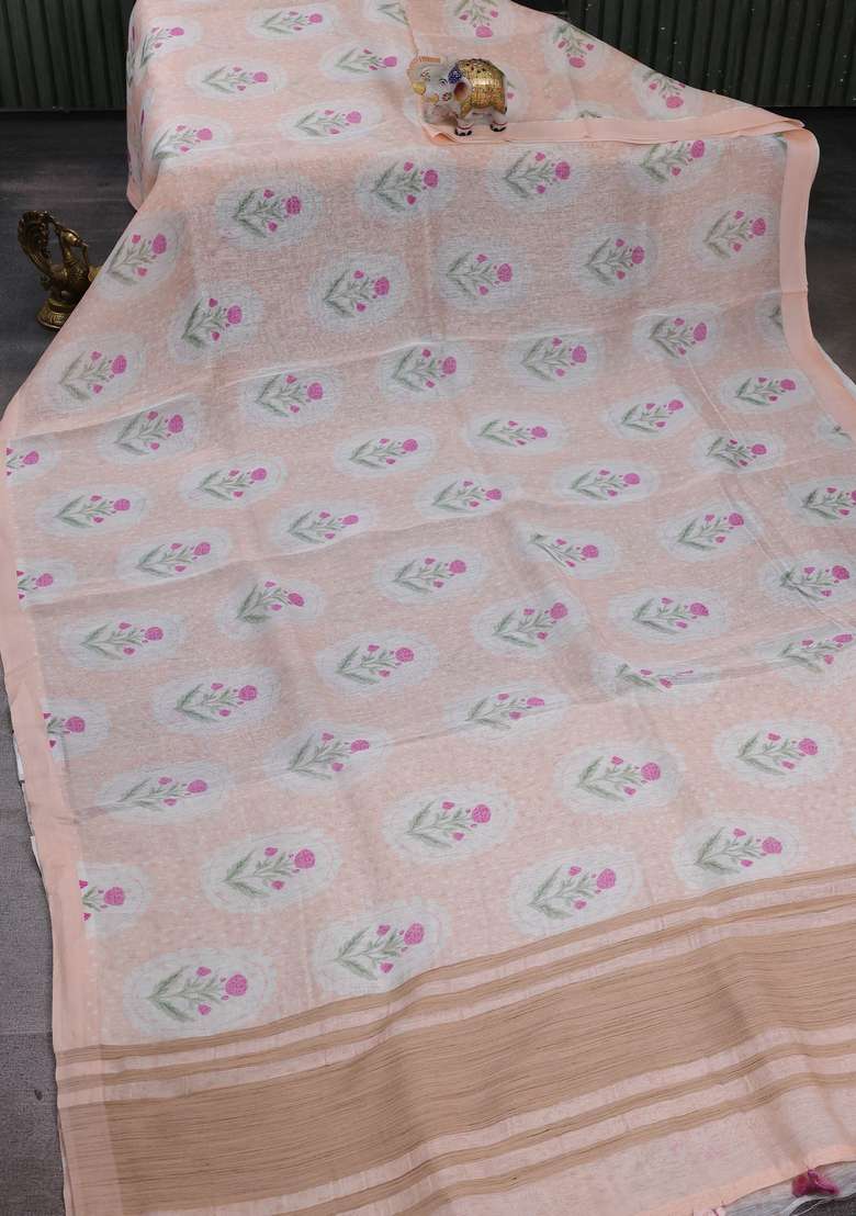 Pure Linen Silk Saree Pale Orange With Allover Floral Digital Prints And Simple Border With Printed Design For Women - Indya