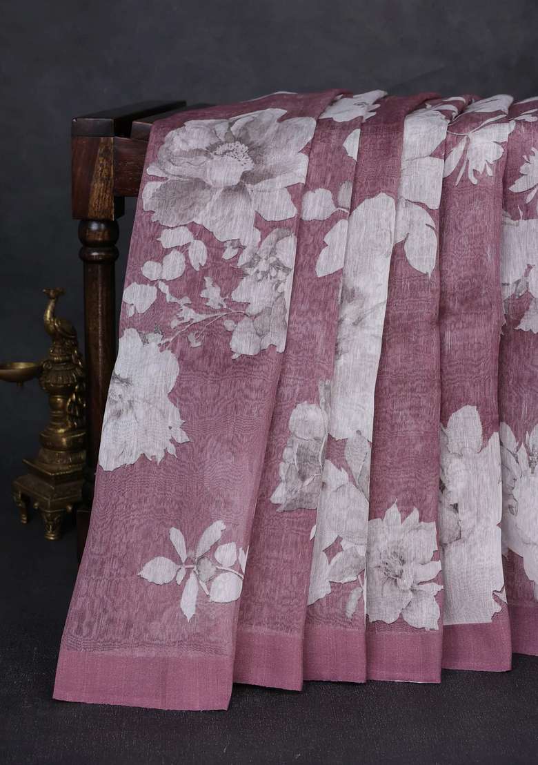 Pure Linen Silk Saree Mauve Pink With Allover Floral Digital Prints And Simple Border With Printed Design For Women - Indya