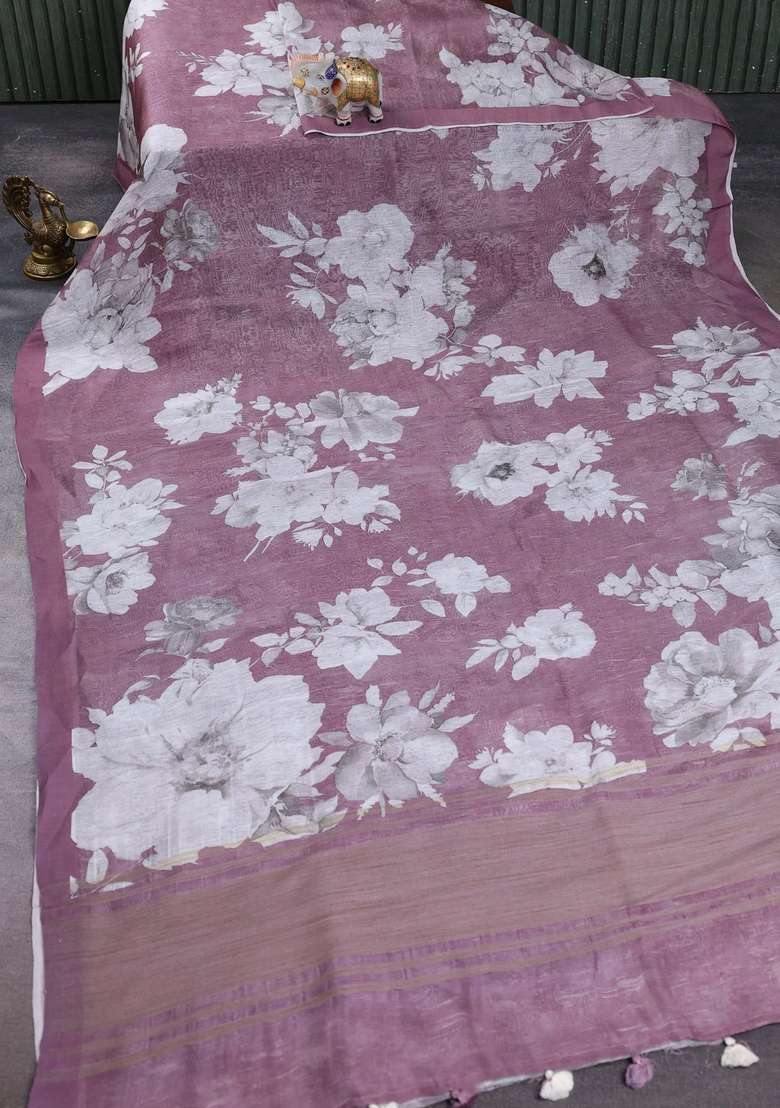 Pure Linen Silk Saree Mauve Pink With Allover Floral Digital Prints And Simple Border With Printed Design For Women - Indya