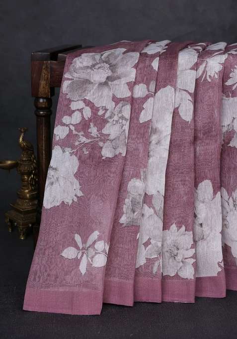 Pure Linen Silk Saree Mauve Pink With Allover Floral Digital Prints And Simple Border With Printed Design For Women