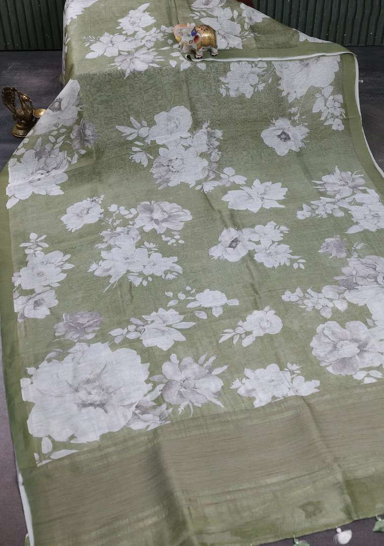 Pure Linen Silk Saree Pastel Green With Allover Floral Digital Prints And Simple Border With Printed Design For Women - Indya