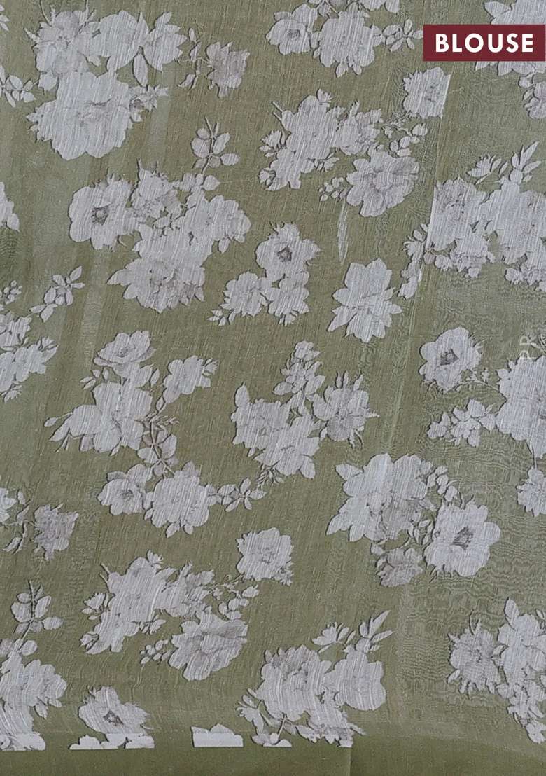 Pure Linen Silk Saree Pastel Green With Allover Floral Digital Prints And Simple Border With Printed Design For Women - Indya