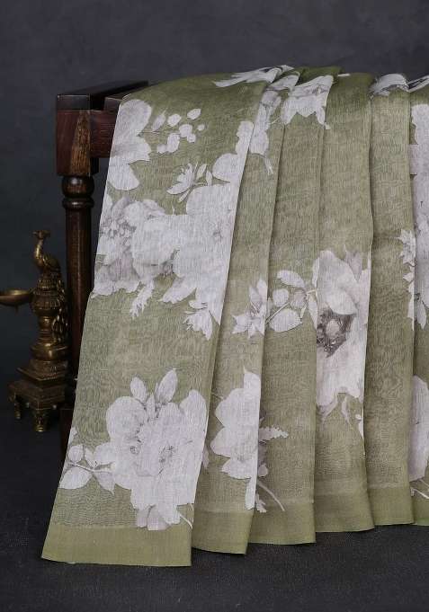 Pure Linen Silk Saree Pastel Green With Allover Floral Digital Prints And Simple Border With Printed Design For Women