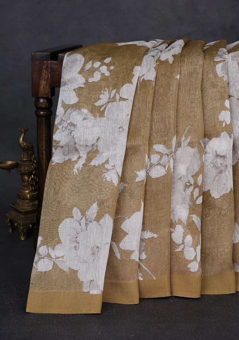 Pure Linen Silk Saree Dark Mustard Shade With Allover Floral Digital Prints And Simple Border With Printed Design For Women - Indya