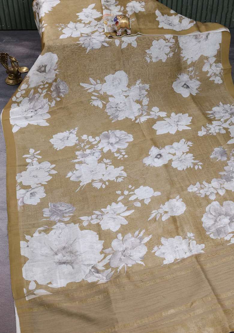 Pure Linen Silk Saree Dark Mustard Shade With Allover Floral Digital Prints And Simple Border With Printed Design For Women - Indya