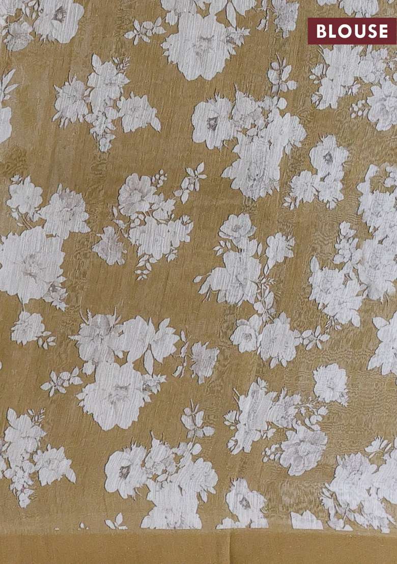 Pure Linen Silk Saree Dark Mustard Shade With Allover Floral Digital Prints And Simple Border With Printed Design For Women - Indya