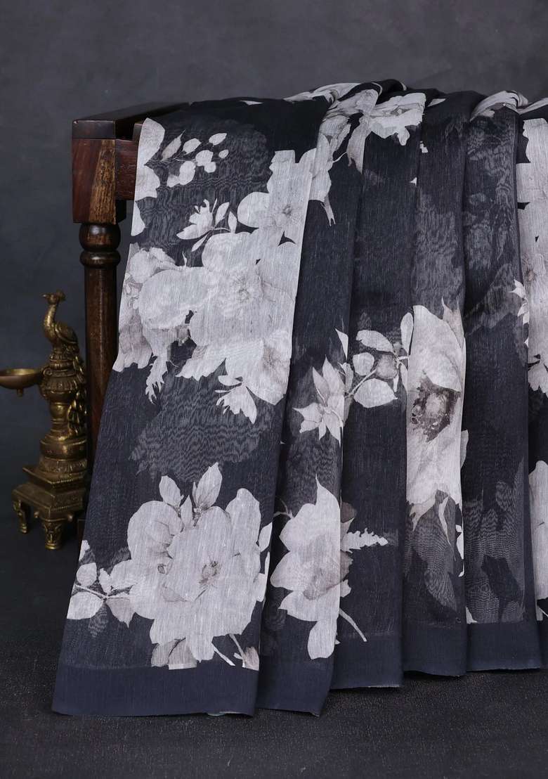 Pure Linen Silk Saree Black With Allover Floral Digital Prints And Simple Border With Printed Design For Women - Indya