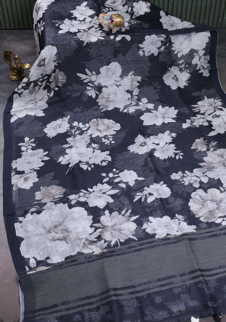 Pure Linen Silk Saree Black With Allover Floral Digital Prints And Simple Border With Printed Design For Women - Indya