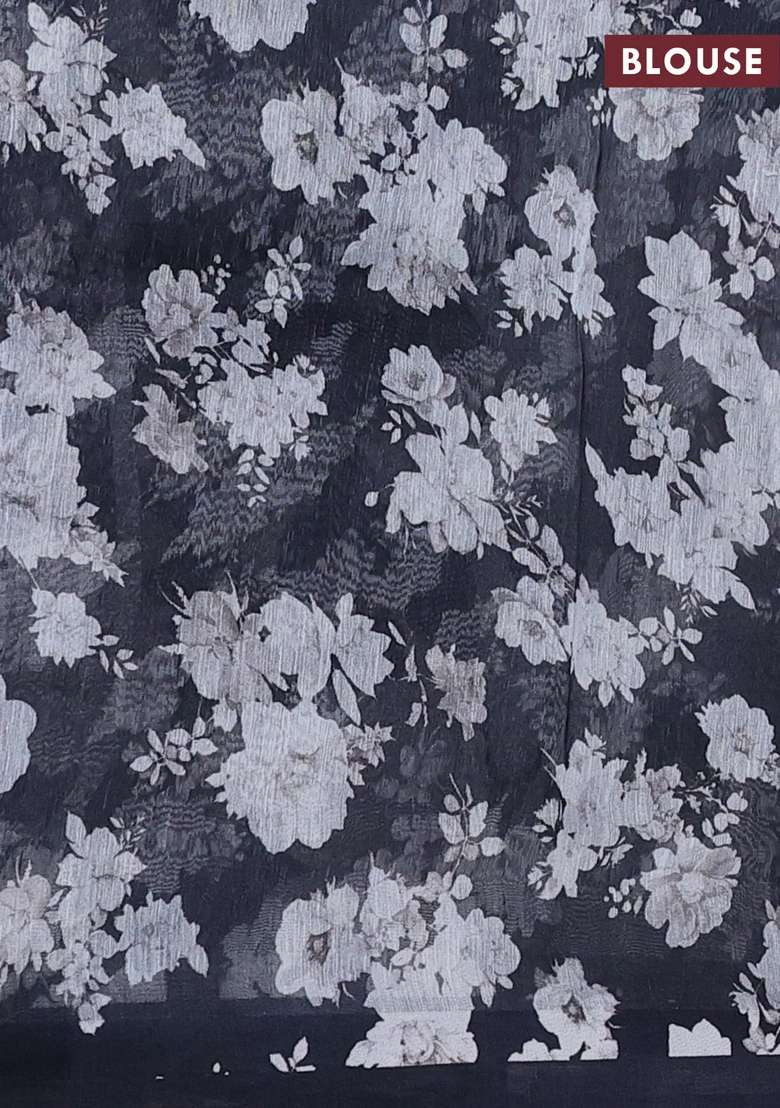 Pure Linen Silk Saree Black With Allover Floral Digital Prints And Simple Border With Printed Design For Women - Indya