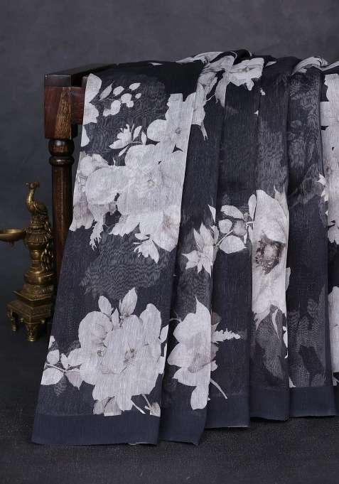 Pure Linen Silk Saree Black With Allover Floral Digital Prints And Simple Border With Printed Design For Women