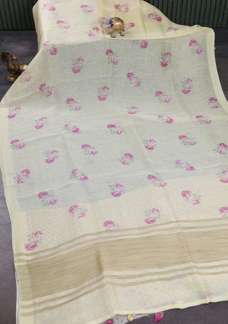 Pure Linen Silk Saree Pale Yellow With Floral Digital Butta Prints And Simple Border With Printed Design For Women - Indya