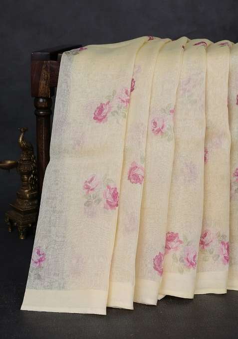 Pure Linen Silk Saree Pale Yellow With Floral Digital Butta Prints And Simple Border With Printed Design For Women