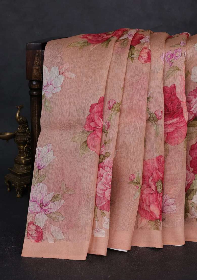 Pure Linen Silk Saree Dark Peach With Floral Digital Prints And Simple Border With Printed Design For Women - Indya
