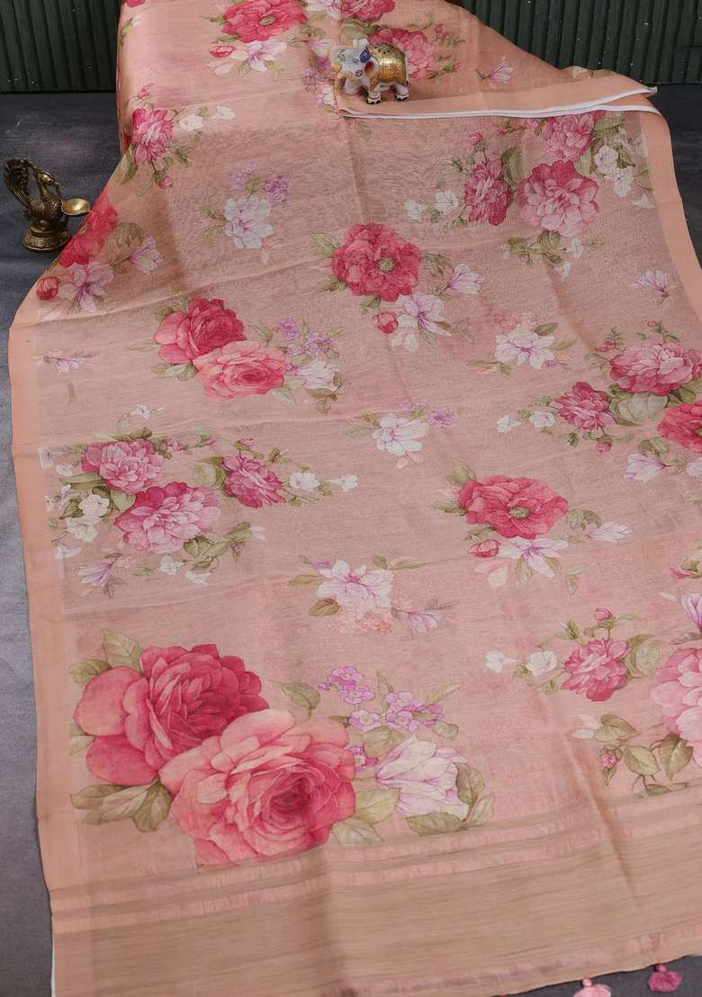 Pure Linen Silk Saree Dark Peach With Floral Digital Prints And Simple Border With Printed Design For Women - Indya