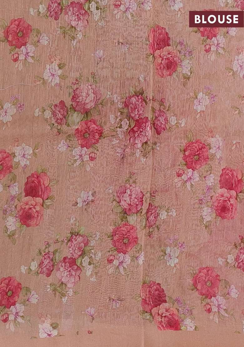 Pure Linen Silk Saree Dark Peach With Floral Digital Prints And Simple Border With Printed Design For Women - Indya