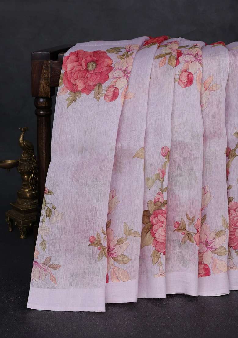 Pure Linen Silk Saree Pastel Lavender With Floral Digital Prints And Simple Border With Printed Design For Women - Indya