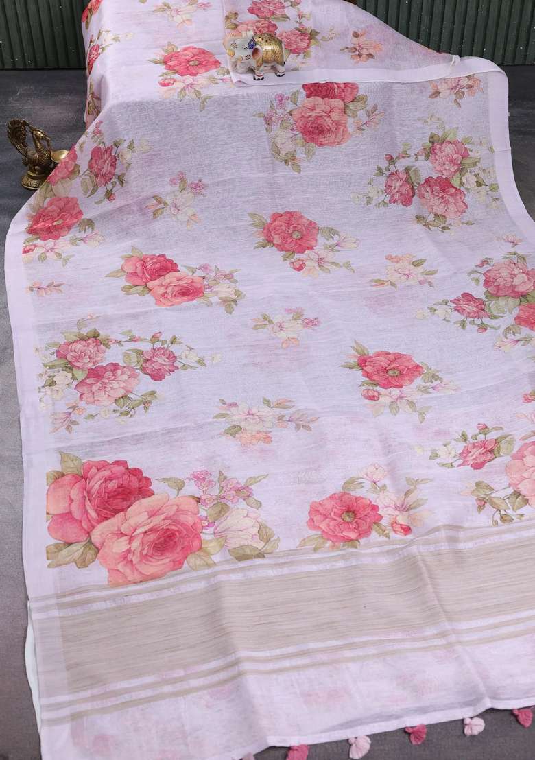 Pure Linen Silk Saree Pastel Lavender With Floral Digital Prints And Simple Border With Printed Design For Women - Indya
