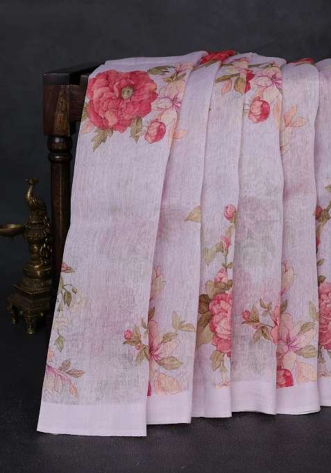 Pure Linen Silk Saree Pastel Lavender With Floral Digital Prints And Simple Border With Printed Design For Women