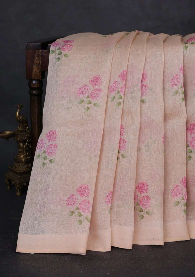 Pure Linen Silk Saree Pale Orange With Floral Digital Butta Prints And Simple Border With Printed Design For Women - Indya