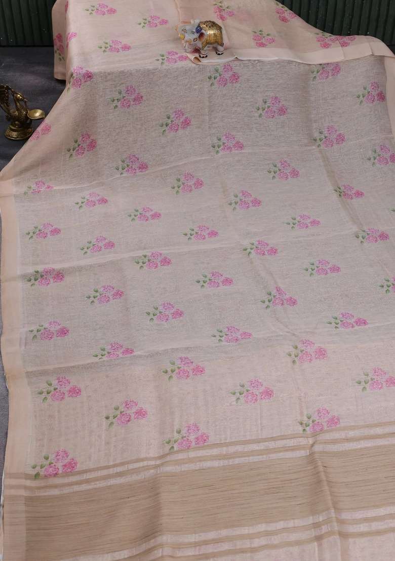 Pure Linen Silk Saree Pale Orange With Floral Digital Butta Prints And Simple Border With Printed Design For Women - Indya
