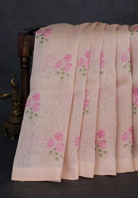 Pure Linen Silk Saree Pale Orange With Floral Digital Butta Prints And Simple Border With Printed Design For Women