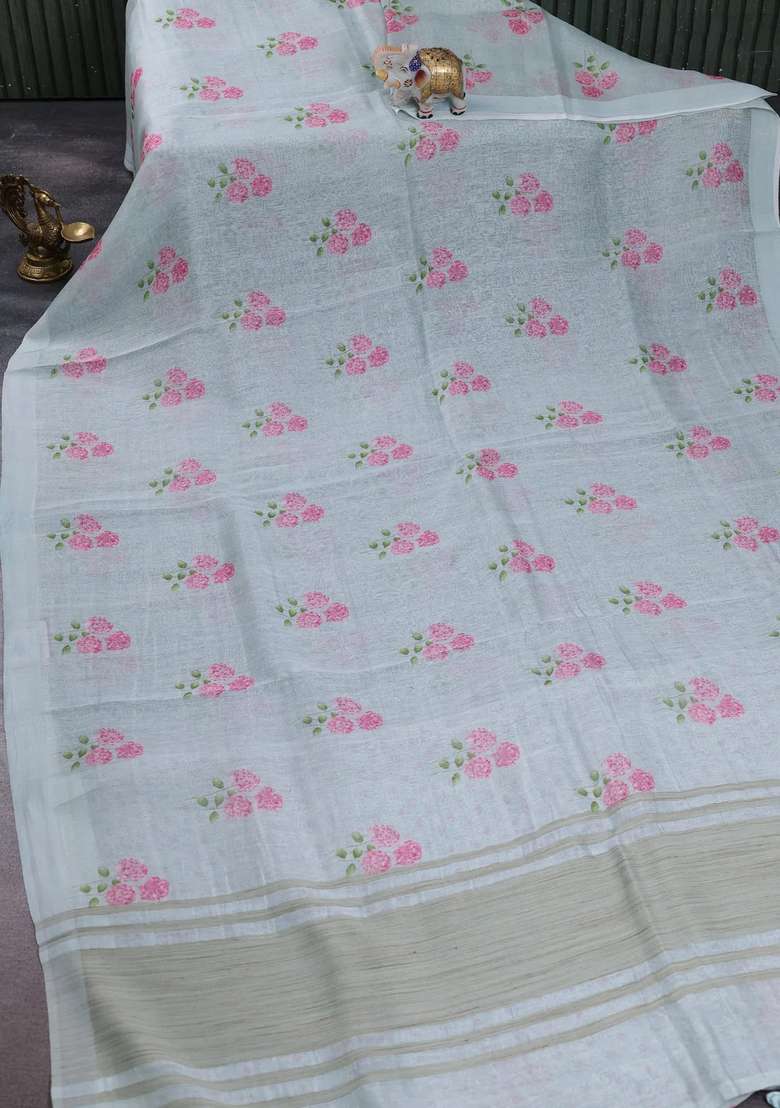 Pure Linen Silk Saree Mild Teal With Floral Digital Butta Prints And Simple Border With Printed Design For Women - Indya