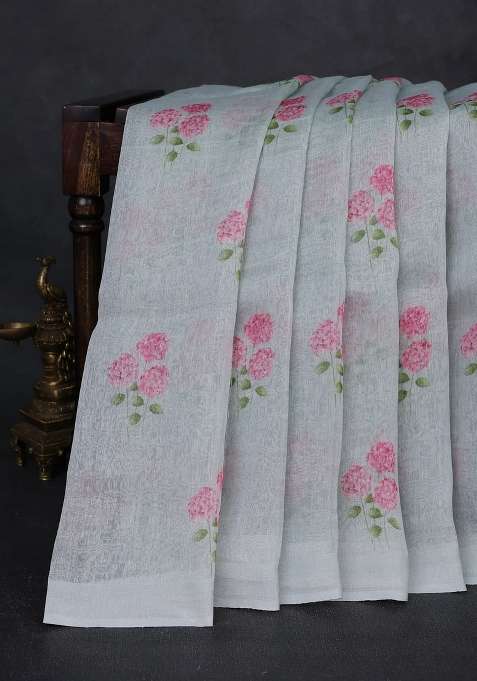 Pure Linen Silk Saree Mild Teal With Floral Digital Butta Prints And Simple Border With Printed Design For Women