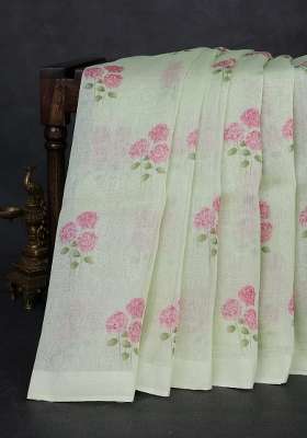 Pure Linen Silk Saree Pista Green With Floral Digital Butta Prints And Simple Border With Printed Design For Women