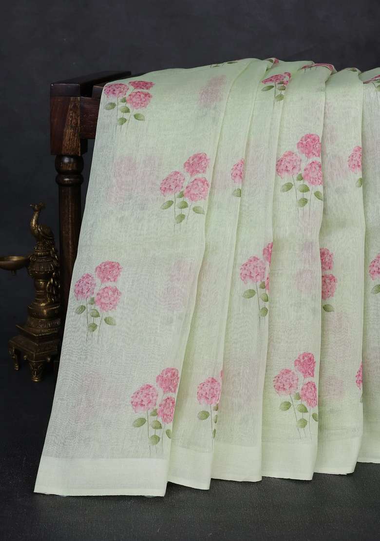 Pure Linen Silk Saree Pista Green With Floral Digital Butta Prints And Simple Border With Printed Design For Women - Indya