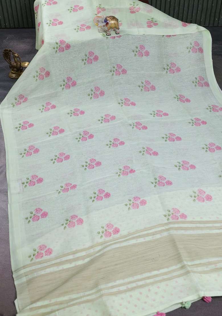 Pure Linen Silk Saree Pista Green With Floral Digital Butta Prints And Simple Border With Printed Design For Women - Indya