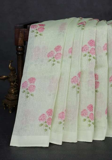 Pure Linen Silk Saree Pista Green With Floral Digital Butta Prints And Simple Border With Printed Design For Women